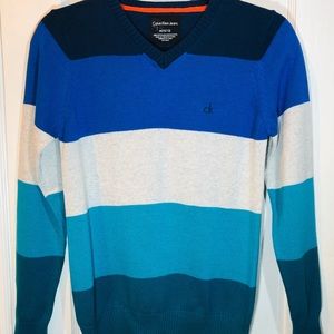✨ Calvin Klein Blue White Boys Striped Sweater